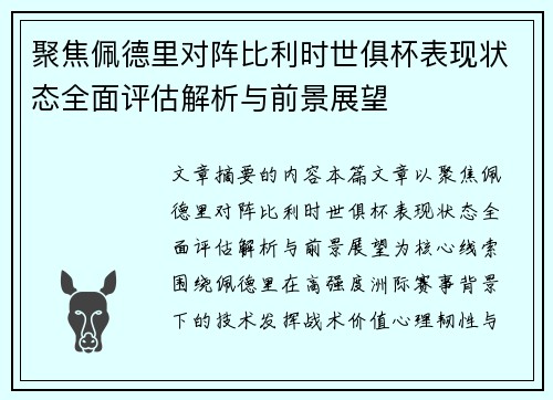 聚焦佩德里对阵比利时世俱杯表现状态全面评估解析与前景展望